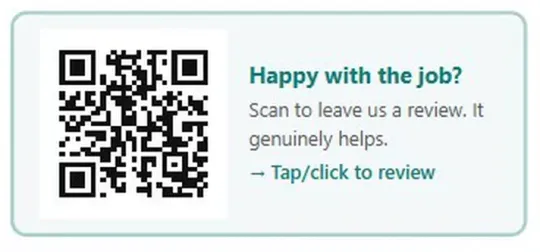 The review box printed on a BlitzBooks invoice: a QR code and the words Happy with the job? Scan to leave us a review.